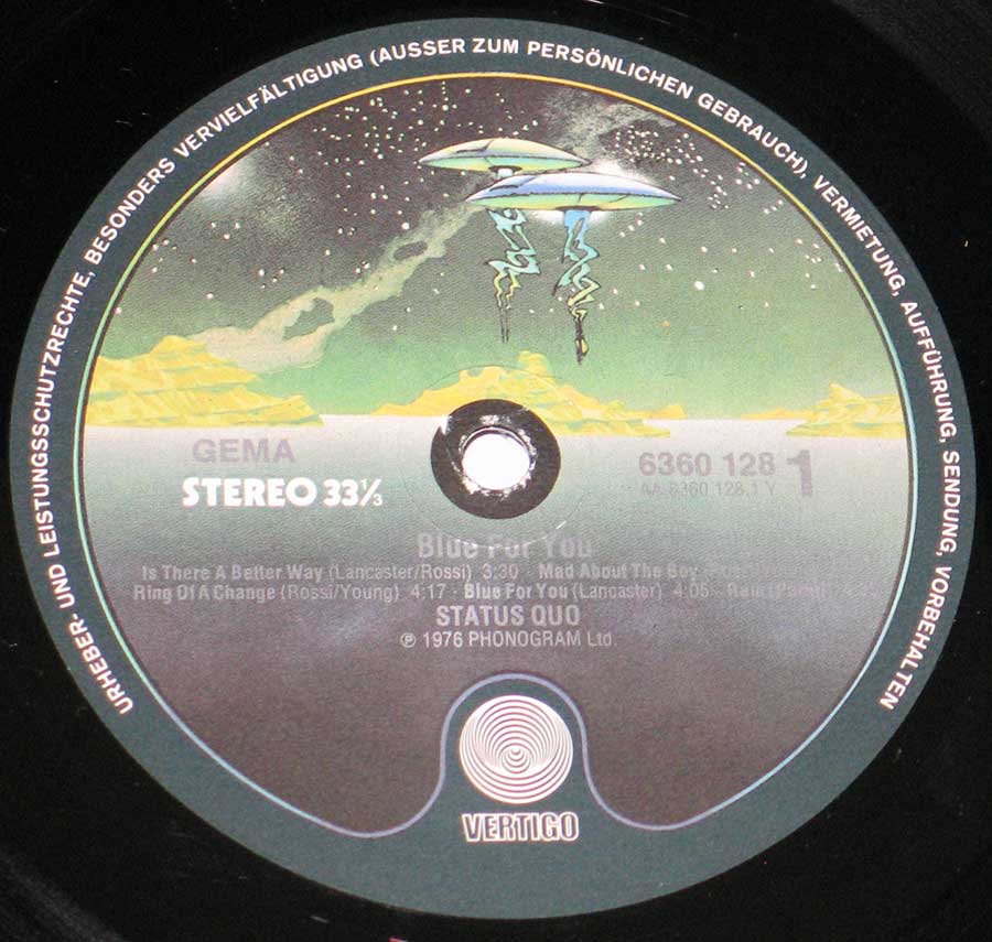 STATUS QUO - Blue For You German Release 12" Vinyl LP Album enlarged record label