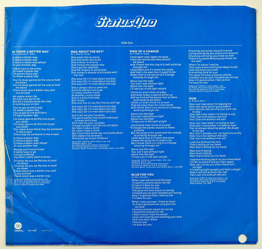 Photo One Of The Original Custom Inner Sleeve STATUS QUO – Status Quo ( self-titled , GIMMICK , OIS , 1978 , USA ) 12" Vinyl LP Album  