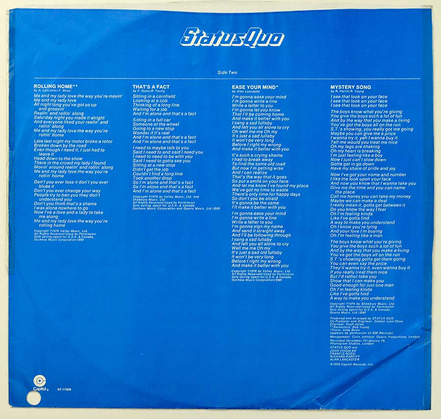 Photo Two of the original custom inner sleeve  STATUS QUO – Status Quo ( self-titled , GIMMICK , OIS , 1978 , USA ) 12" Vinyl LP Album 