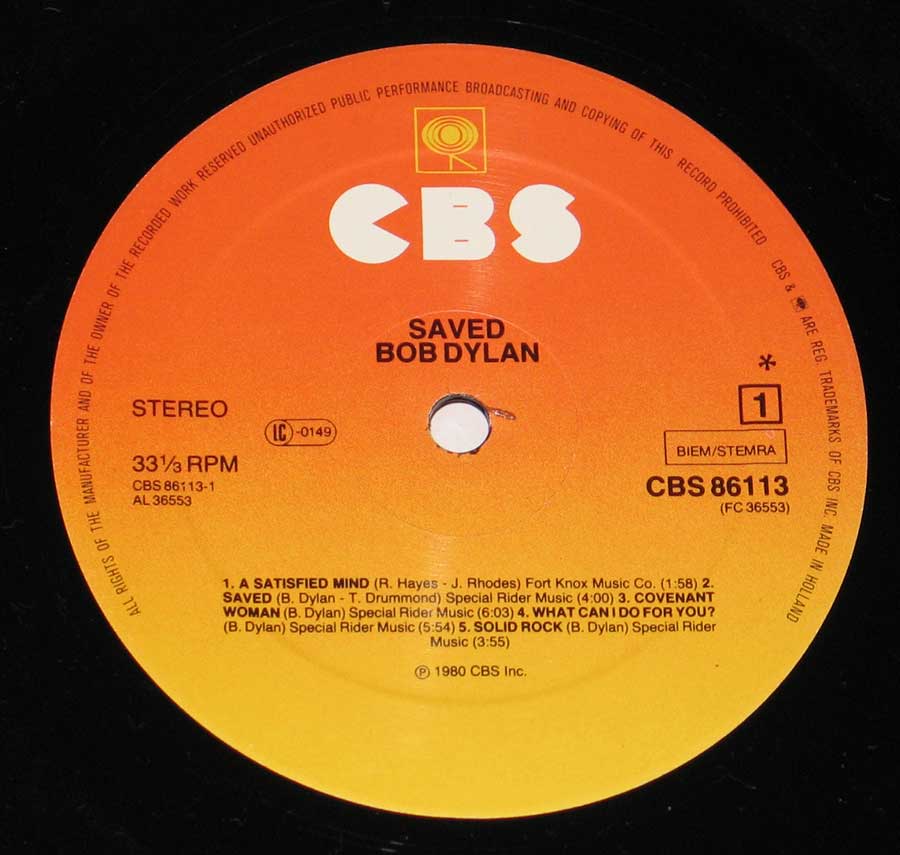 "Saved" Record Label Details: Orange to Yellow CBS 86113 , Made in Holland ℗ 1980 CBS Inc Sound Copyright 