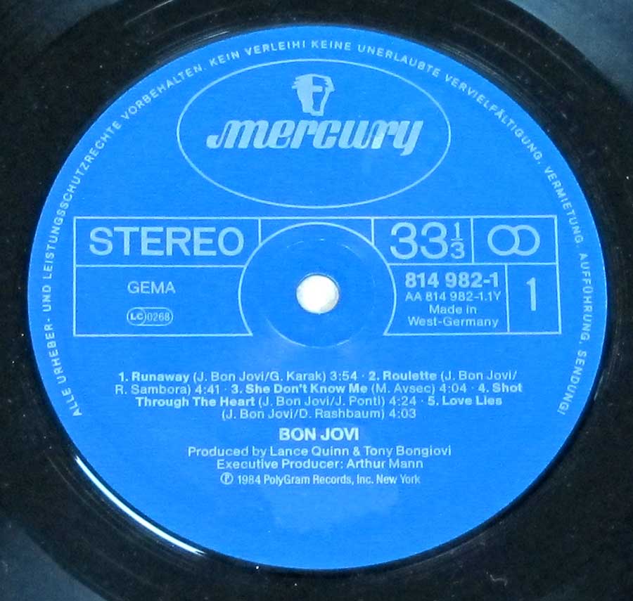 Close up of record's label BON JOVI S/T Self-Titled ( Germany ) 12" Vinyl LP Album  Side One