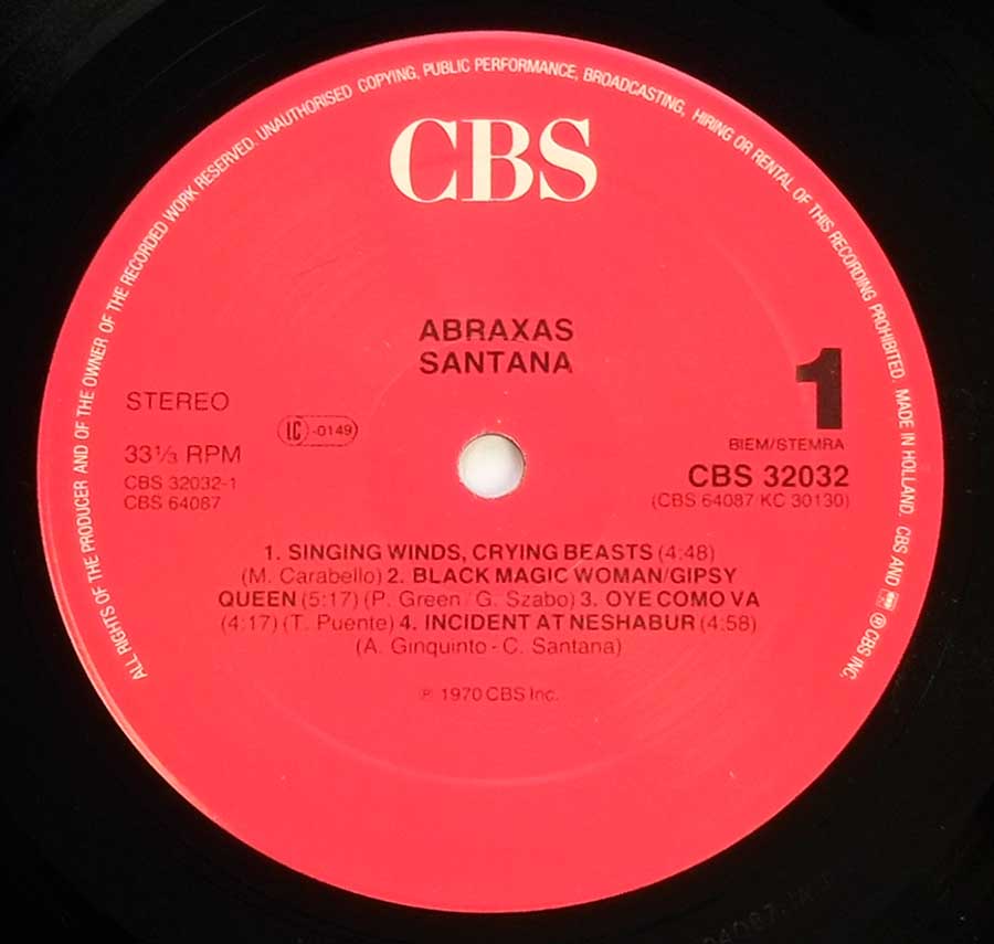 "Abraxas" Red Colour CBS Record Label Details: CBS 32032 