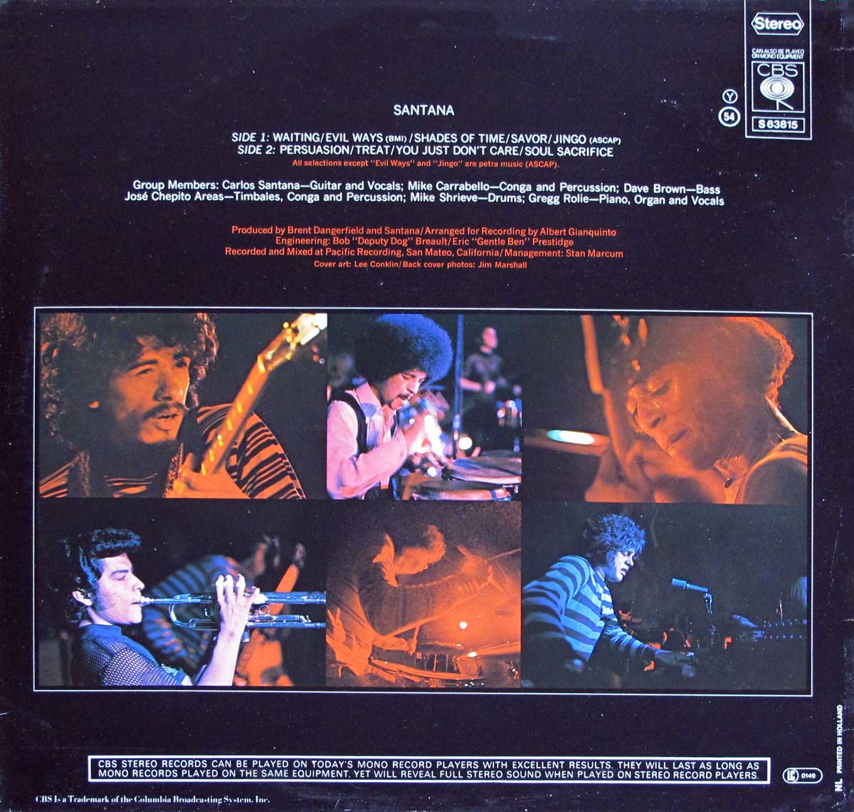 Back cover of Santana's self-titled 1969 debut album featuring band member photos and tracklist details