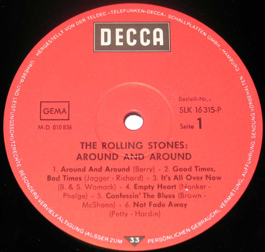 Close up of record's label ROLLING STONES - Around and Around with Brian Jones  Side One