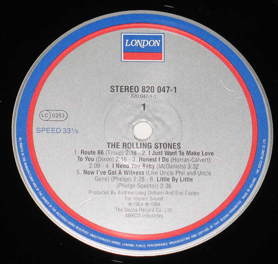 Close up of record's label ROLLING STONES - Self-Titled London Records Side One
