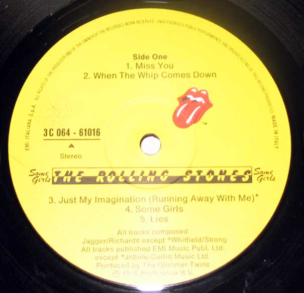Close up of record's label ROLLING STONES - Some Girls Italy Side One