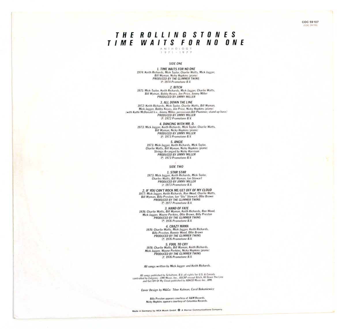 Inner Sleeve   of "ROLLING STONES Time Waits For No One (Anthology 1971-1977)" Album