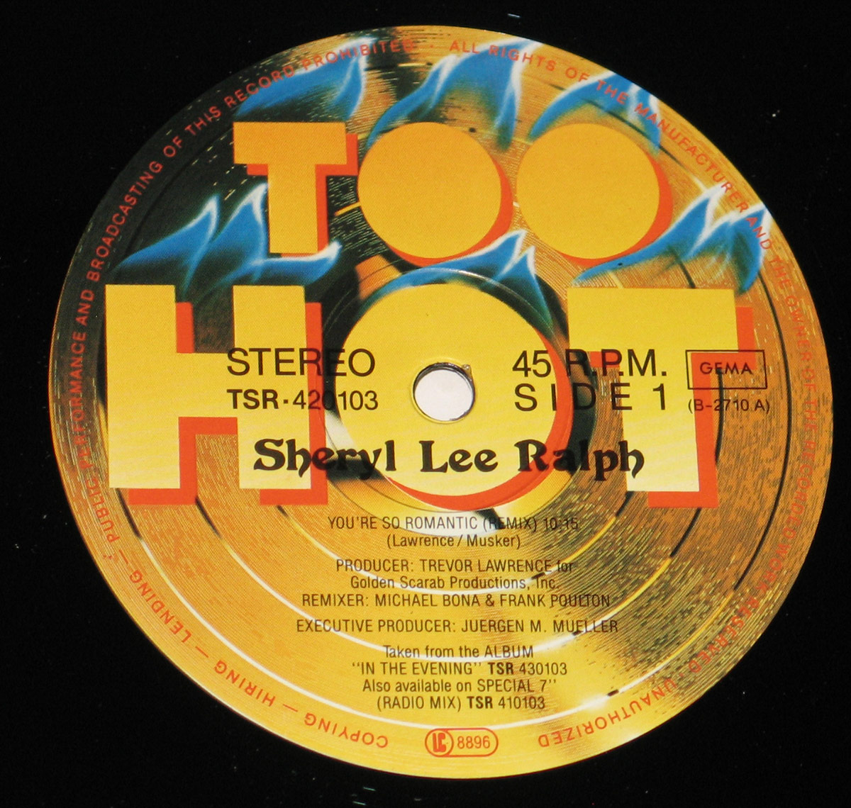 Close-up of the 'Too Hot' vinyl label for Sheryl Lee Ralph's EP, featuring bold yellow and red text with blue flames and song credits.