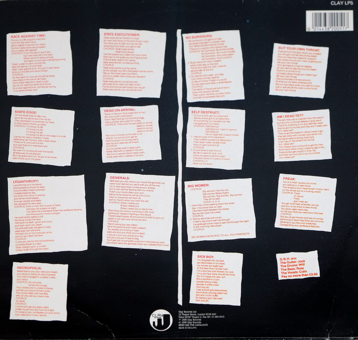Photo of album back cover CHARGED G.B.H. -  Leather Bristles No Survivors And Sick Boys 12" LP Vinyl Album