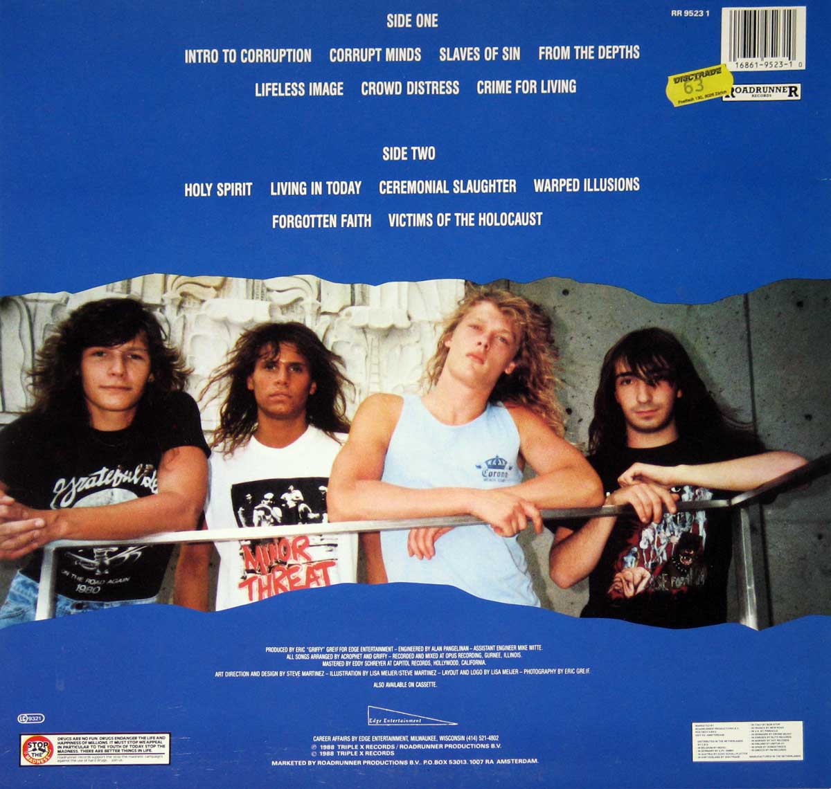 Back cover of Acrophet’s Corrupt Minds album featuring a photo of the band members standing casually behind a metal railing with a concrete backdrop. The members wear graphic T-shirts, including Grateful Dead and Minor Threat designs, and display long hair and a relaxed, rebellious attitude, reflecting the late 1980s thrash metal aesthetic. https://vinyl-records.nl