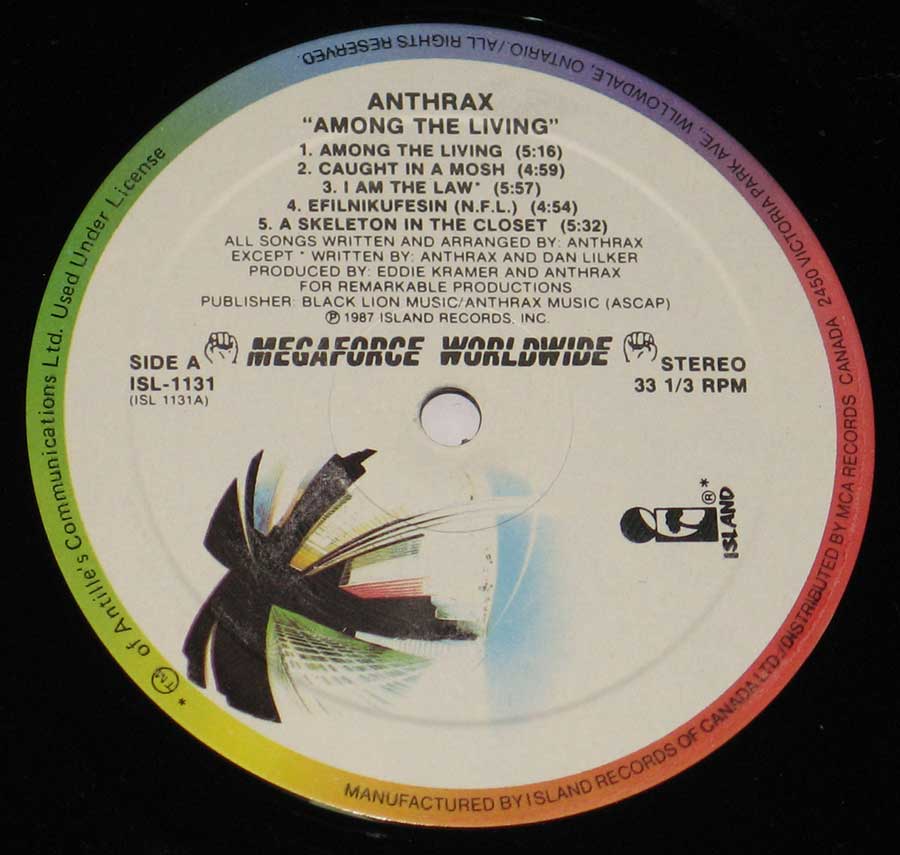 Close up of record's label ANTHRAX - Among The Living Canada 12" Vinyl LP Album Side One