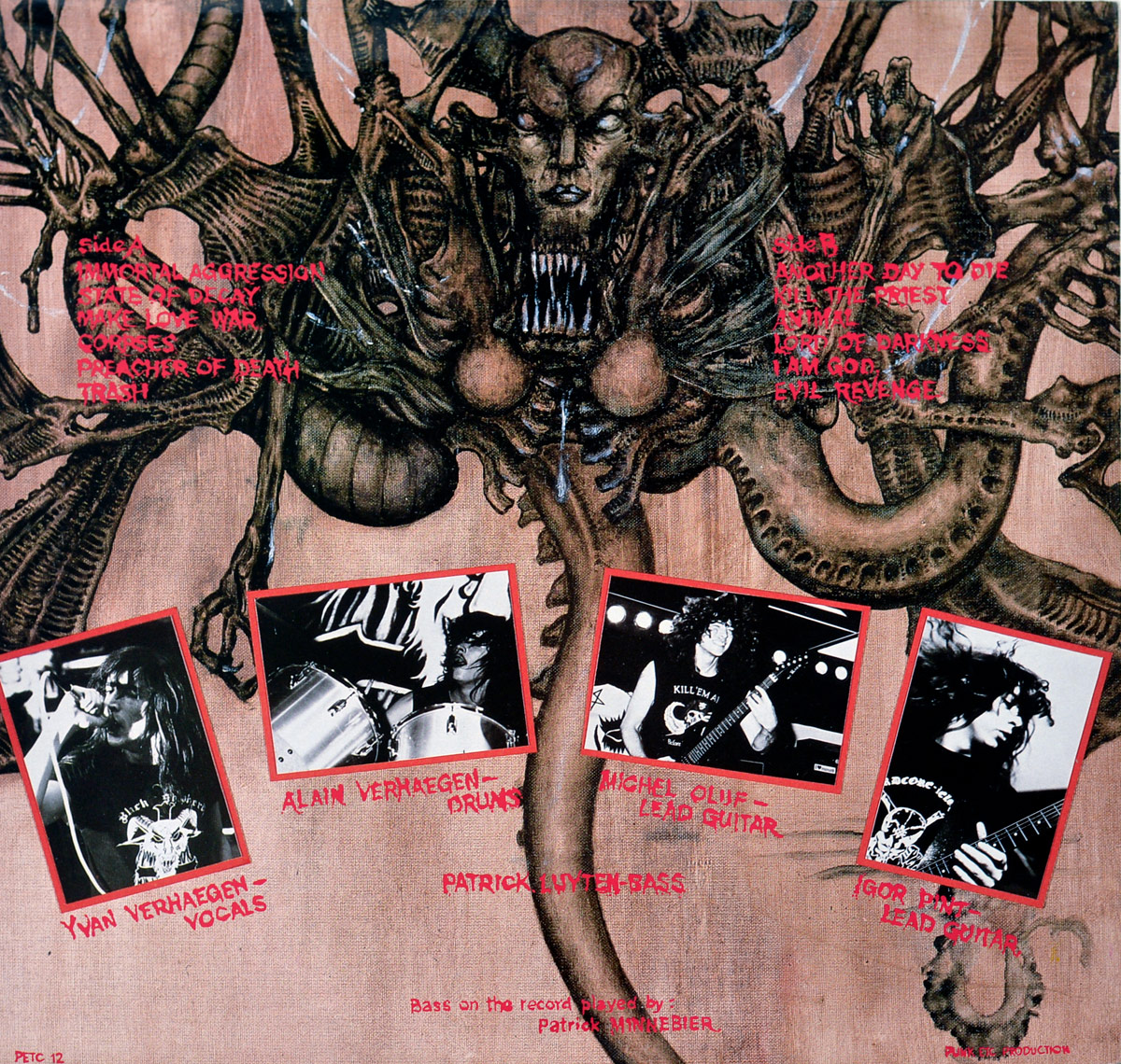ack cover of Immortal Aggression by Black Shepherd featuring a grotesque, demonic creature with an elongated skull-like face, sharp teeth, and writhing tentacle-like appendages. The tracklist is handwritten in blood-red font, divided into Side A and Side B. Below the monstrous figure, black-and-white framed photographs of the band members—Yvan Verhaegen (vocals), Alain Verhaegen (drums), Michel Olivé (lead guitar), Igor Philtjens (lead guitar), and Patrick Luyten (bass)—are arranged with red borders. Additional credits mention bass parts played by Patrick Minnebieër. The background maintains a distressed, horror-infused aesthetic, reinforcing the album’s dark and aggressive themes.