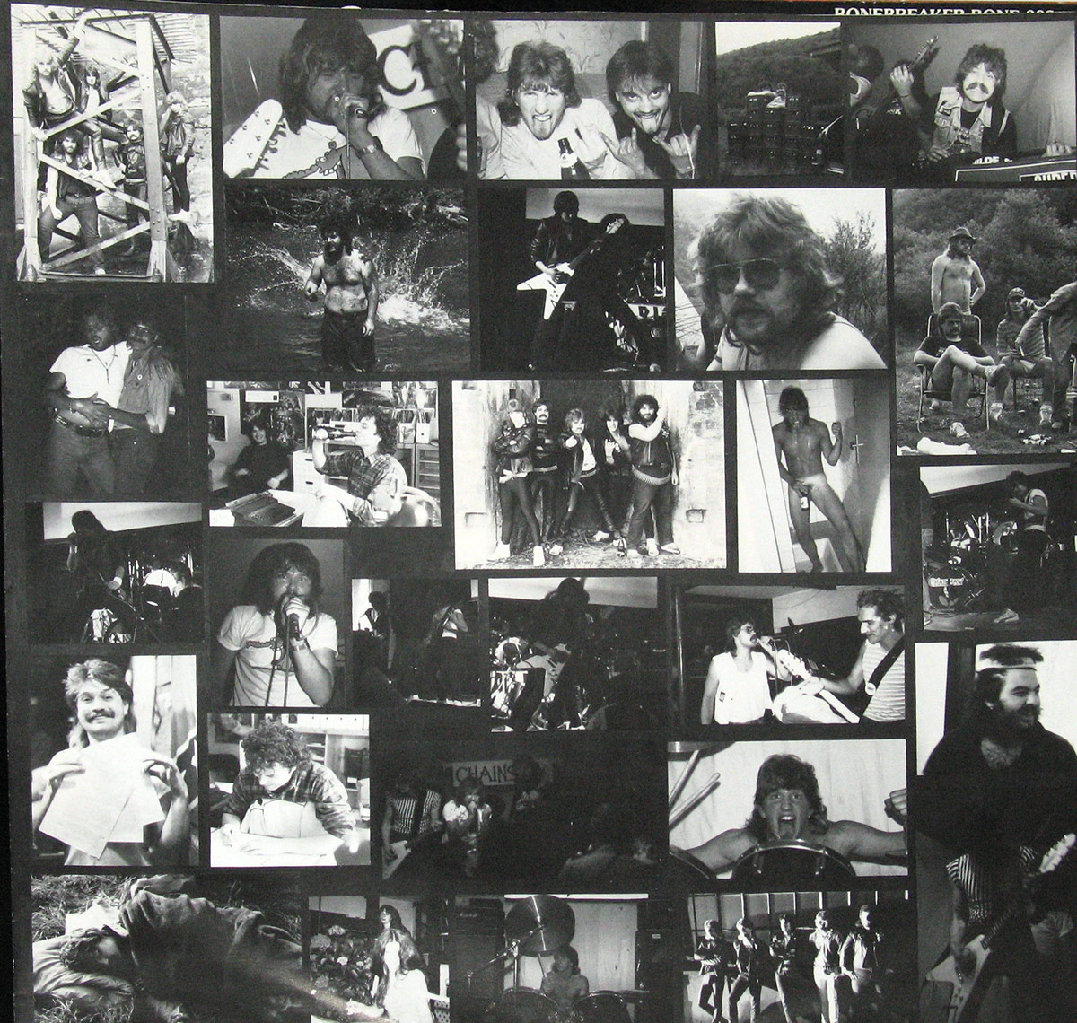 Inner sleeve of Chainsaw’s album Hell’s Burnin’ Up! featuring a black-and-white collage of candid photos, including live performances, studio sessions, outdoor scenes, and casual moments of the band members showcasing their energy and camaraderie. https://vinyl-records.nl