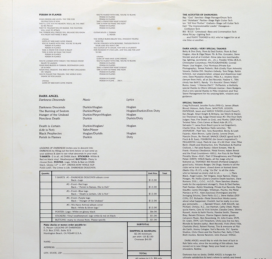 DARK ANGEL - Darkness Descends Under One Flag Records 12" LP ALBUM VINYL  custom inner sleeve
