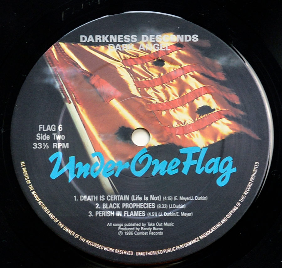 DARK ANGEL - Darkness Descends Under One Flag Records 12" LP ALBUM VINYL  enlarged record label