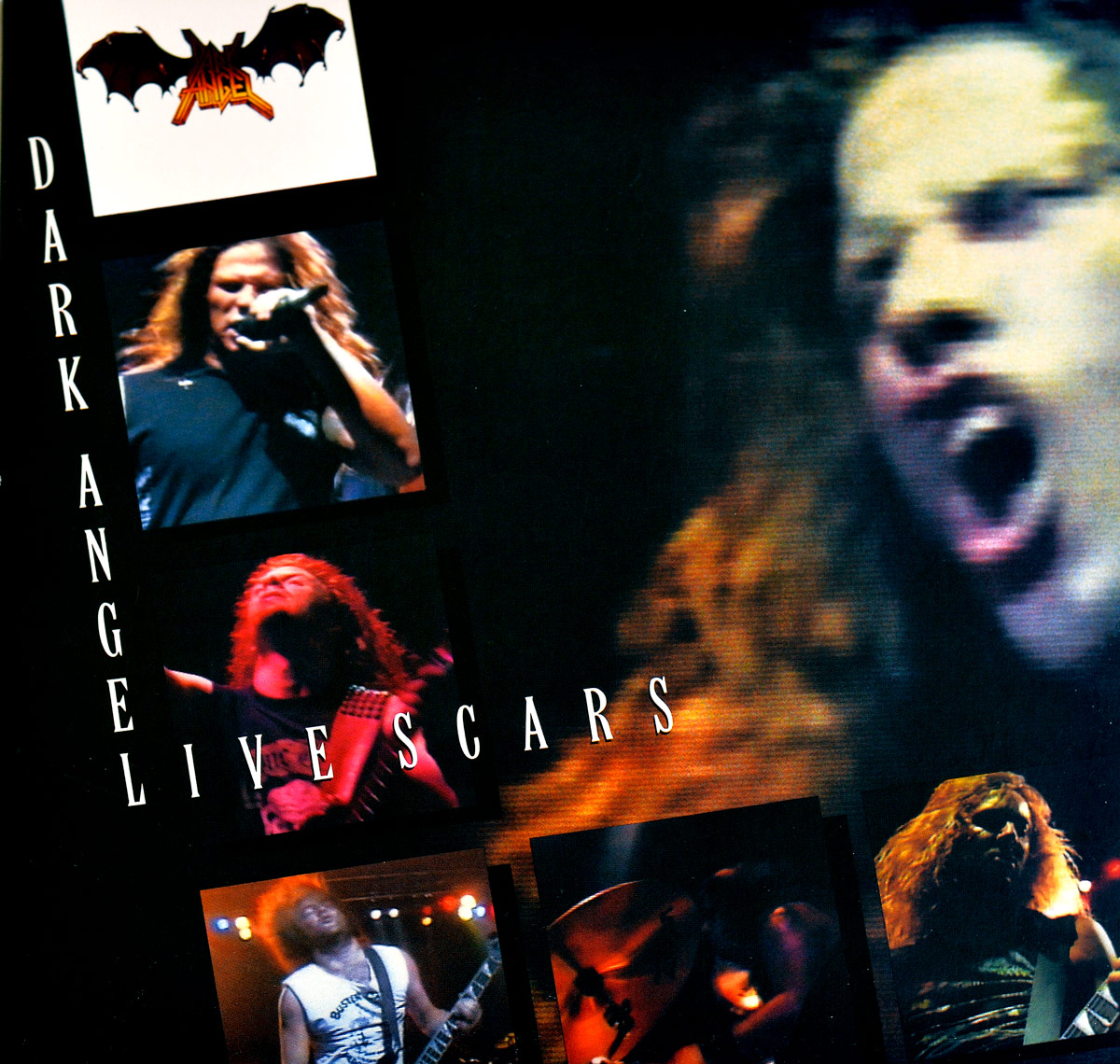 Front cover of Dark Angel's 'Live Scars' album. The design features a collage of live concert photos with lead vocalist Ron Rinehart passionately singing. The band's name is displayed in bold, vertical white text along the left, with 'Live Scars' diagonally positioned. The Dark Angel logo, a bat-like emblem with fiery lettering, appears in the top left corner.