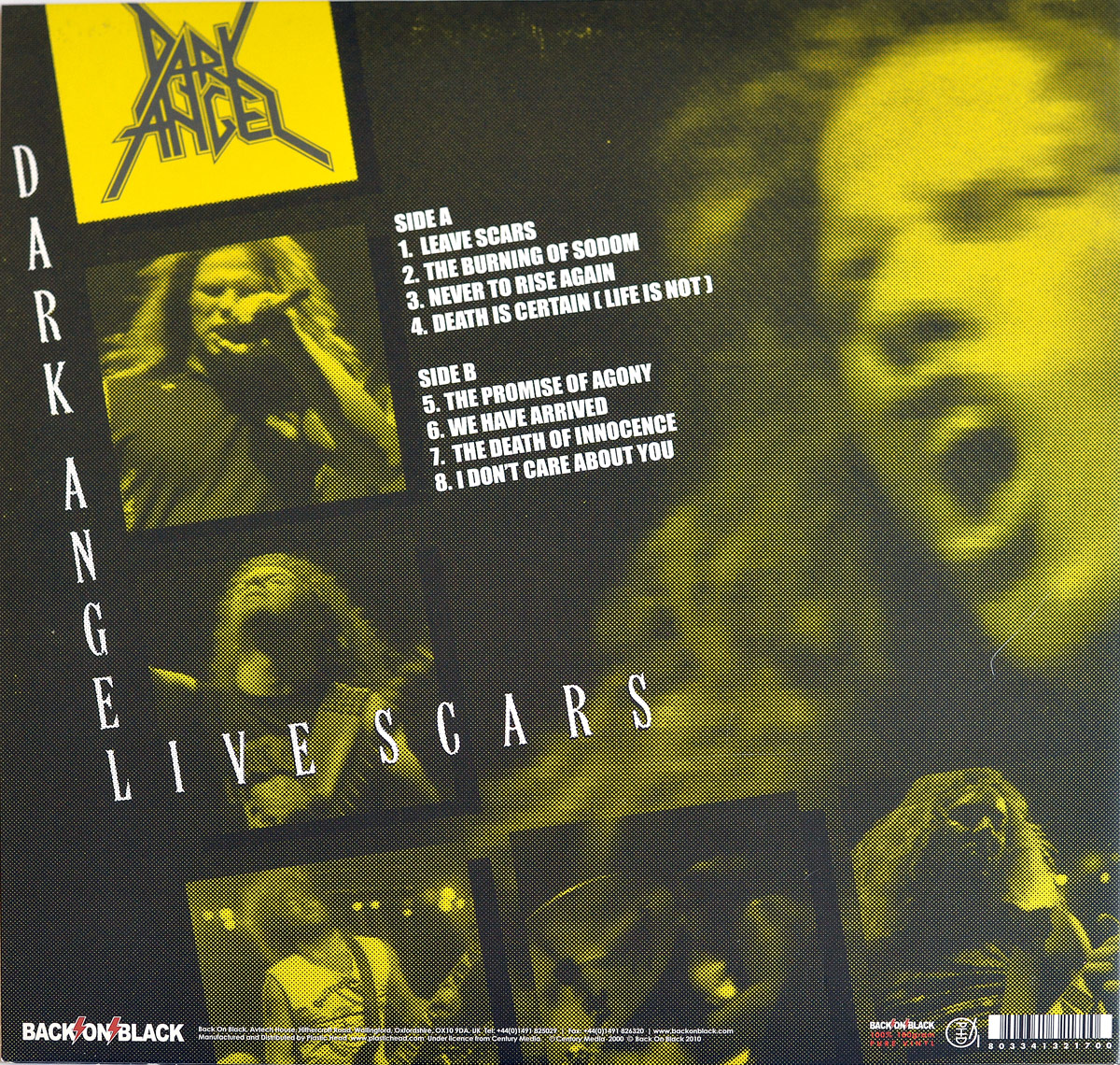 Back cover of Dark Angel's 'Live Scars' album. The design features a yellow-tinted collage of live performance images, with a tracklist divided into Side A and Side B. The band's name appears in bold vertical text along the left, with 'Live Scars' diagonally placed. The Dark Angel logo in yellow is positioned at the top left, and 'Back on Black' branding is visible at the bottom.