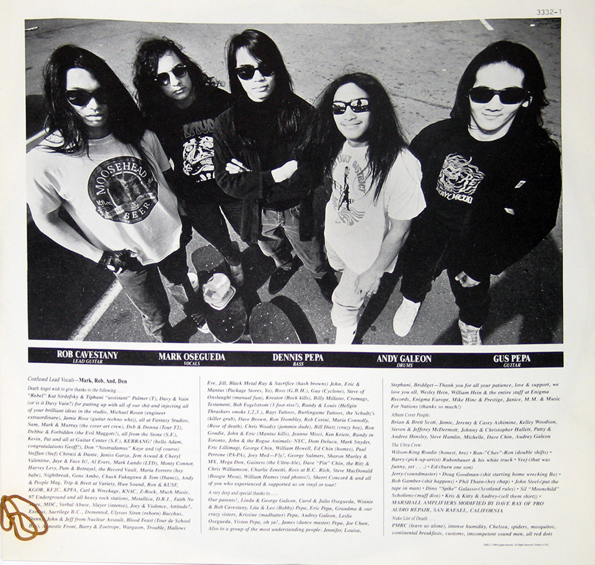 Custom inner sleeve of Death Angel’s album Frolic Through the Park. The black-and-white photograph shows the five band members standing in a semi-circle on a pavement, looking up at the camera. All members wear dark sunglasses and casual clothing, including band T-shirts and hoodies. Below the photo, the band members’ names and roles are listed: Rob Cavestany (Lead Guitar), Mark Osegueda (Vocals), Dennis Pepa (Bass), Andy Galeon (Drums), and Gus Pepa (Guitar). The lower half contains detailed liner notes with thank-you messages, credits, and acknowledgments.