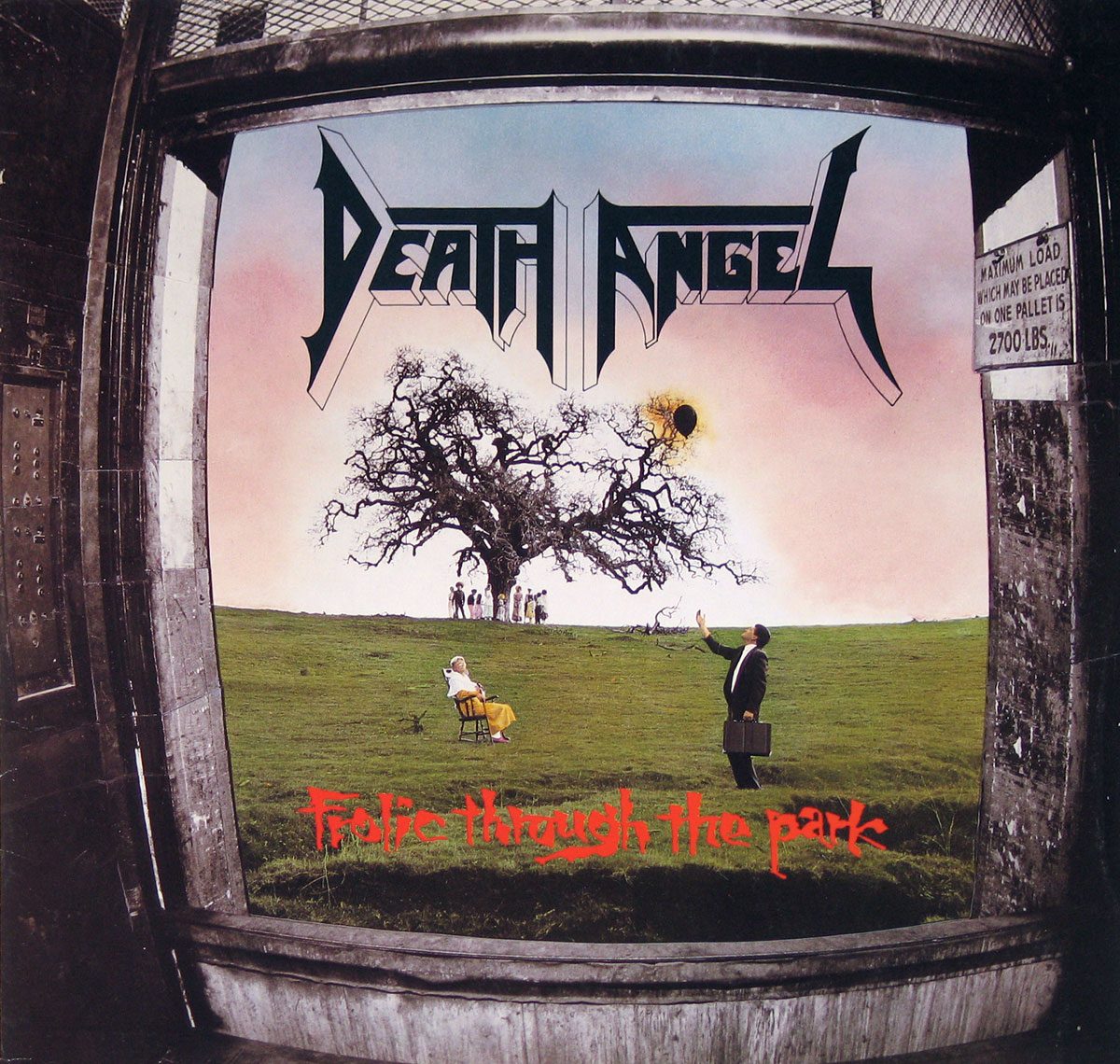 Front cover of Death Angel’s album Frolic Through the Park. The artwork shows a surreal scene viewed from an industrial elevator, with worn metal panels framing the view of a green field under a pink and blue sky. A bare, gnarled tree stands in the center of the field. In the foreground, a man in a black suit tosses a briefcase into the air, while a woman in yellow sits on a wooden chair holding an umbrella. The album title, Frolic Through the Park. is written in bold red, handwritten-style text at the bottom.