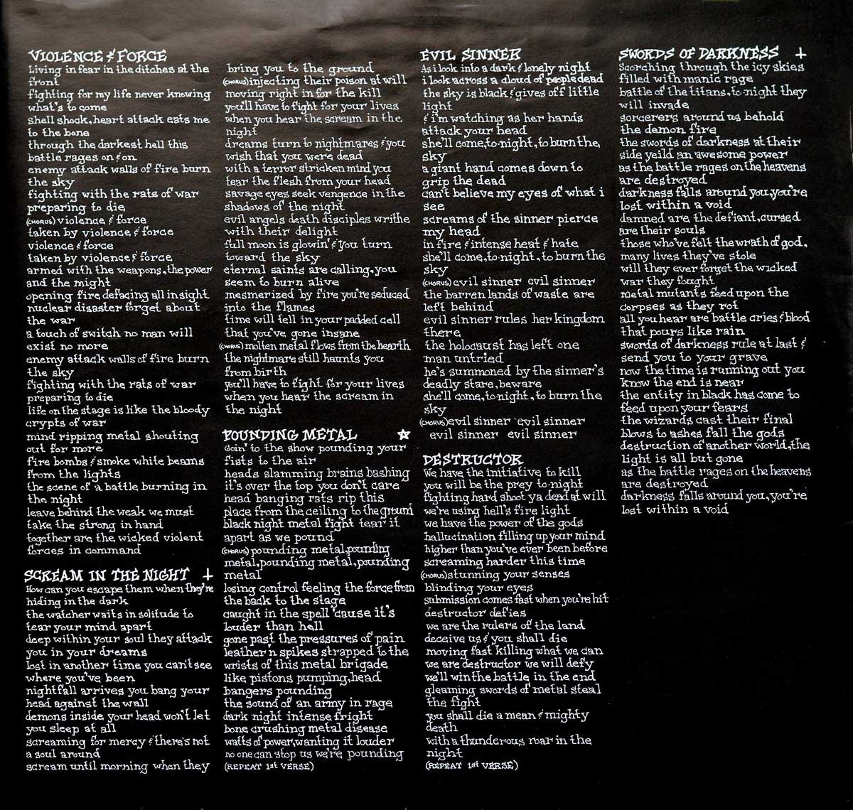 High Resolution Photo  of the  Original Custom Inner Sleeve (OIS) #1 of EXCITER Violence & Force https://vinyl-records.nl