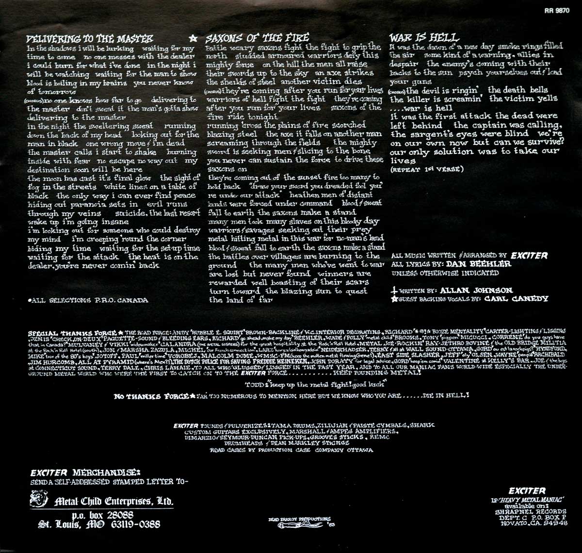 High Resolution Photo  of the  Original Custom Inner Sleeve (OIS) #2 of EXCITER Violence & Force https://vinyl-records.nl