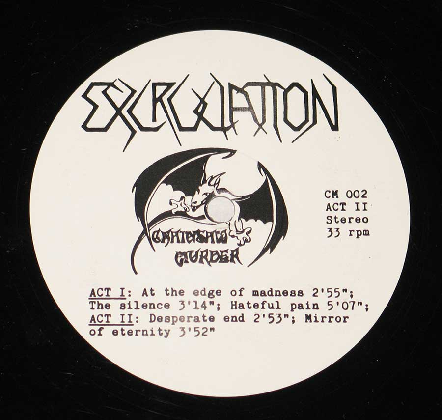 Side Two Close up of record's label EXCRUCIATION - Last Judgement Rare Swiss Metal + Lyrics Sheet 12" Vinyl LP Album