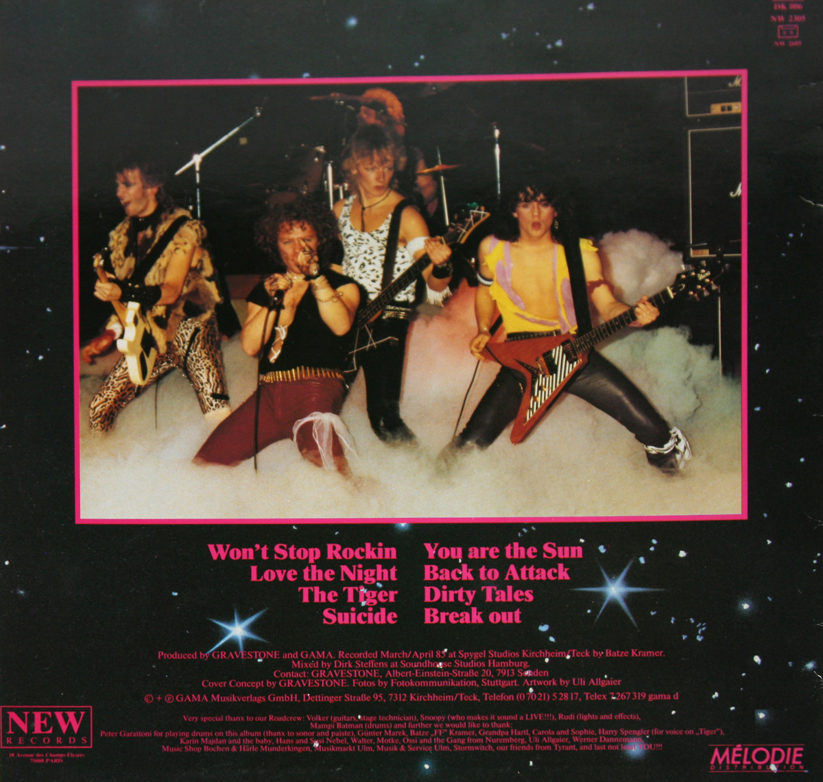 Back cover of Gravestone’s 1985 heavy metal album Back to Attack. The image captures the five band members mid-performance, surrounded by swirling stage fog under vivid lighting. From left to right, the musicians wear leopard-print leggings, studded belts, sleeveless tops, and tight leather trousers in bright red, yellow, and black — an unmistakable hallmark of 1980s metal fashion. Two guitarists flank the vocalist, both playing Flying V–style electric guitars with aggressive stance. Behind them, the drummer pounds away on a partially obscured kit. The performance photo is framed in hot pink against a cosmic black background speckled with stars. Below, pink lettering lists the track titles — including Won’t Stop Rockin’, The Tiger, and Back to Attack — while detailed production credits name Batze Kramer, Dirk Steffens, and GAMA Musikverlag. At the bottom corners, logos of New Records and Melodie are printed in magenta, sealing the album’s vintage Teutonic metal identity.