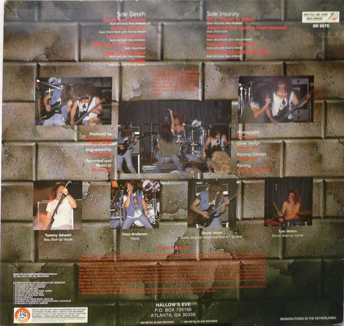 Back cover of Hallows Eve's Death and Insanity. The design features a cracked stone wall background with red and white text. The tracklist is divided into 'Side Death' and 'Side Insanity,' listing song titles in a dramatic, stylized font. Several live concert photos of the band members are arranged across the cover, showing energetic performances with intense lighting. Below, production credits, band member roles, and acknowledgments are printed. The Metal Blade Records and Roadrunner Records logos appear in the top right corner, and 'Manufactured in the Netherlands' is printed at the bottom.
