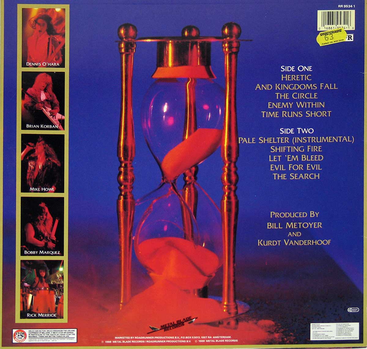 Back cover of HERETIC Breaking Point album. Features a deep blue background with a large, ornate hourglass with red sand flowing through its glass chambers. To the left, a vertical strip contains five small performance photos of band members: Dennis O'Hara, Brian Korban, Mike Howe, Bobby Marquez, and Rick Merrick. The album tracklist is displayed in bold gold text.