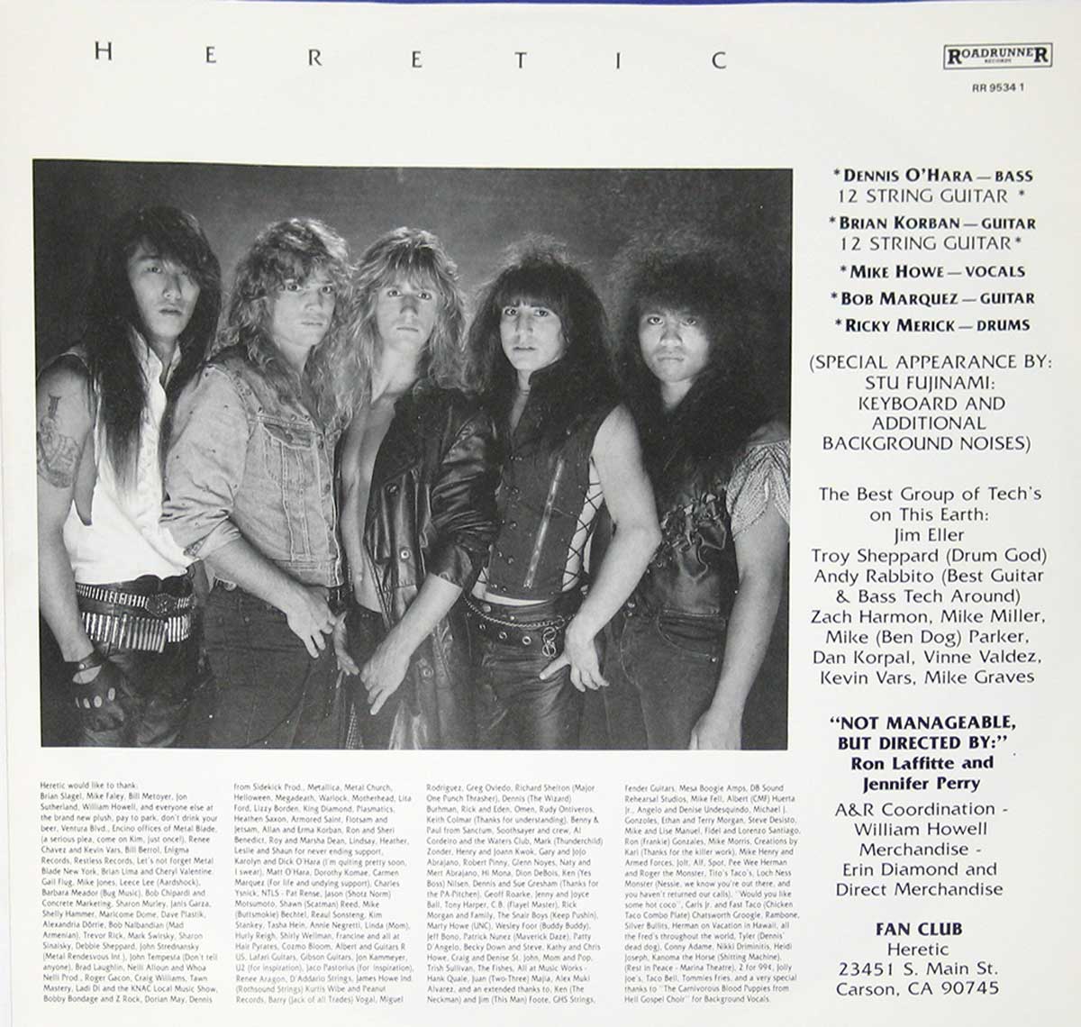 Custom inner sleeve of HERETIC Breaking Point album. A black and white band photo features five members in classic 80s heavy metal attire, with long hair, leather, and denim. To the right, a text panel lists band members, special appearances, technical crew, and acknowledgments, along with the band's fan club address.