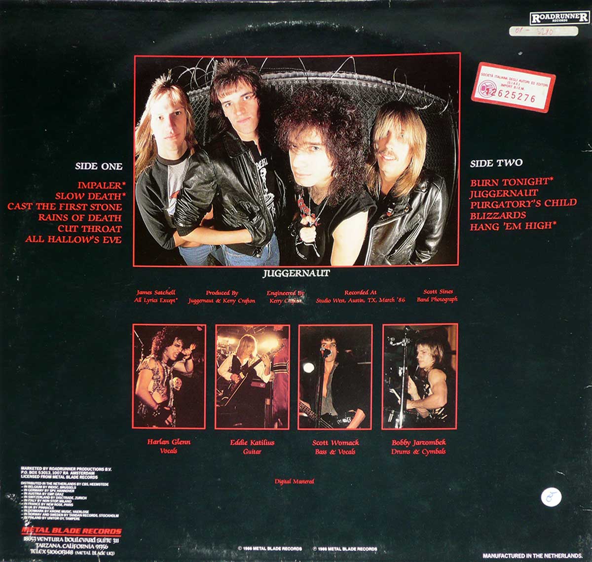 The back cover of Juggernaut's 'Baptism Under Fire' album features the band members in a high-contrast, fisheye-lens photograph with a dark, industrial backdrop. The tracklist is displayed in bold red text on the left and right sides, and below, individual performance shots of each member are shown. The cover also includes credits, recording details, and the Metal Blade Records logo.