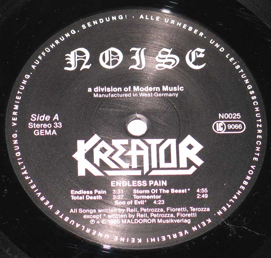 Close up of record's label KREATOR - Endless Pain ( Thrash Metal, Germany ) 12" Vinyl LP Album  Side One