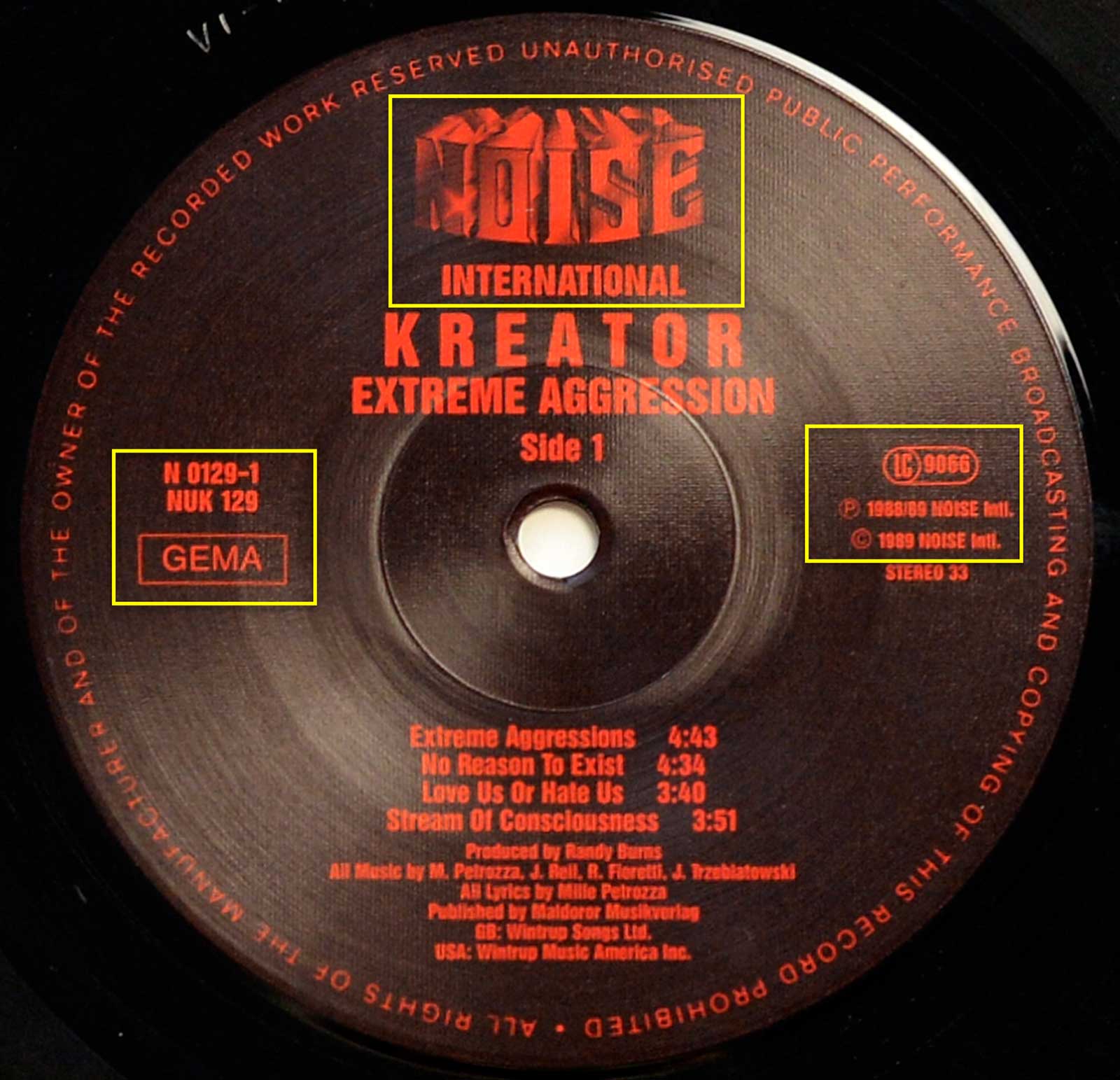 Photo of record label of KREATOR - Extreme Aggression 