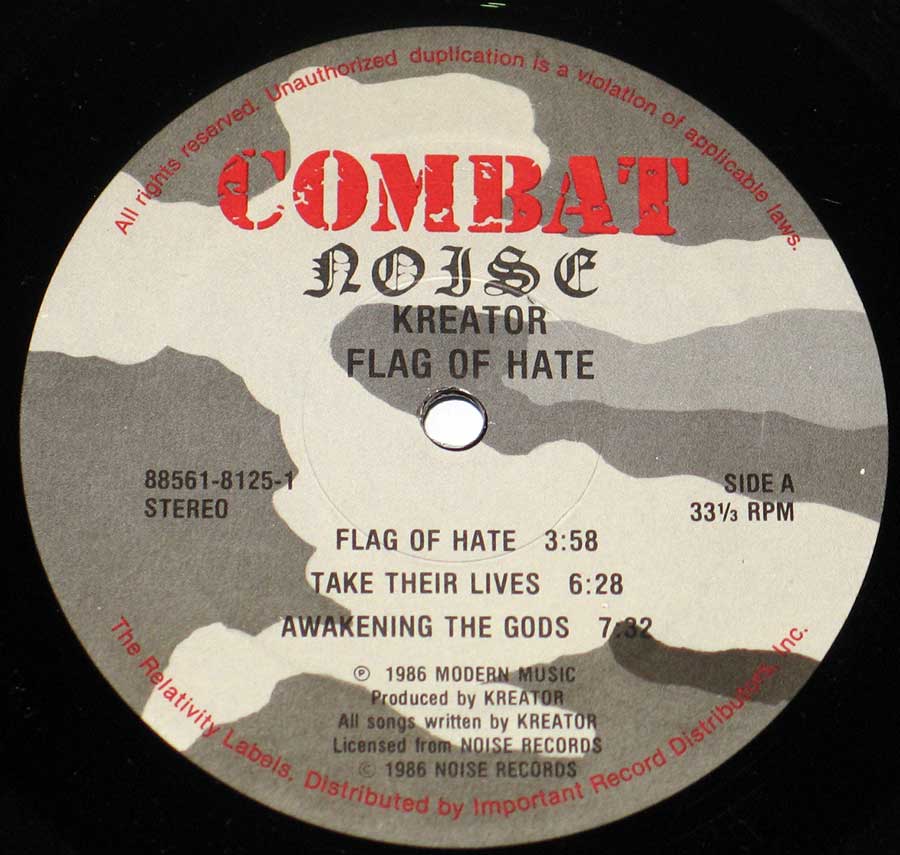 Close up of record's label KREATOR - Flag Of Hate ( 1986 , USA ) 12" Vinyl LP Album  Side One