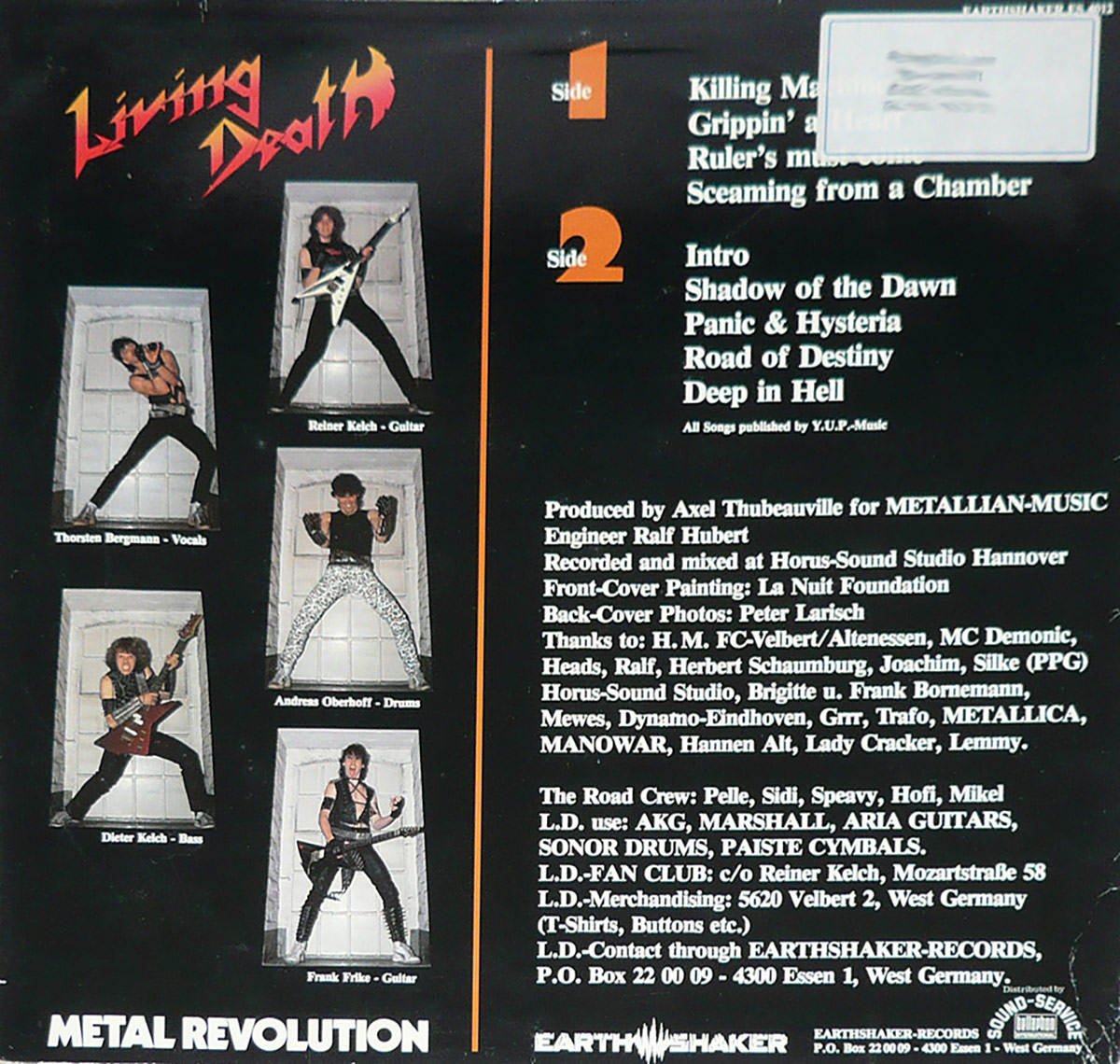 Back cover of Living Death’s Metal Revolution album featuring individual photos of band members, tracklist for Side 1 and Side 2, production credits, acknowledgments, and Earthshaker Records contact information. 