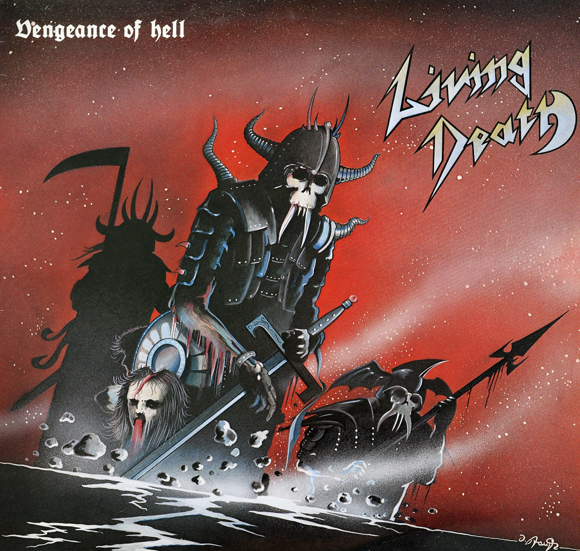 Album cover of Living Death’s Vengeance of Hell featuring a skeletal warrior in spiked armor with a blood-drenched sword and shield, flanked by shadowy demonic figures against a crimson apocalyptic sky.