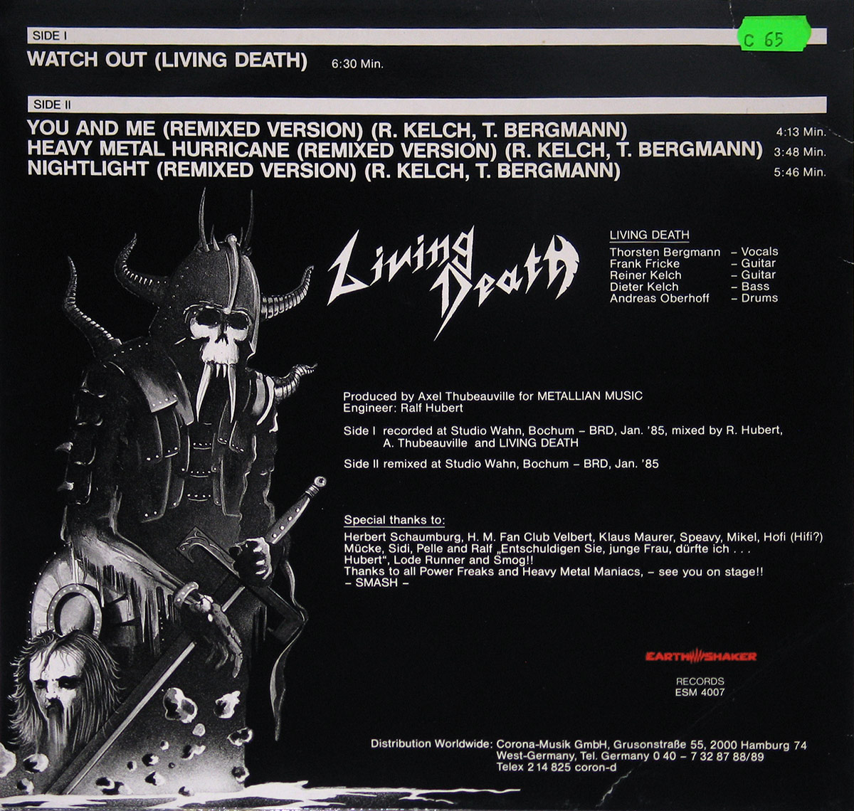 Back cover of the Watch Out! album by Living Death featuring a skeletal warrior illustration in spiked armor and a horned helmet on a black background, the band’s white jagged logo, band member credits, production details, special thanks, and distribution information by Earthshaker Records