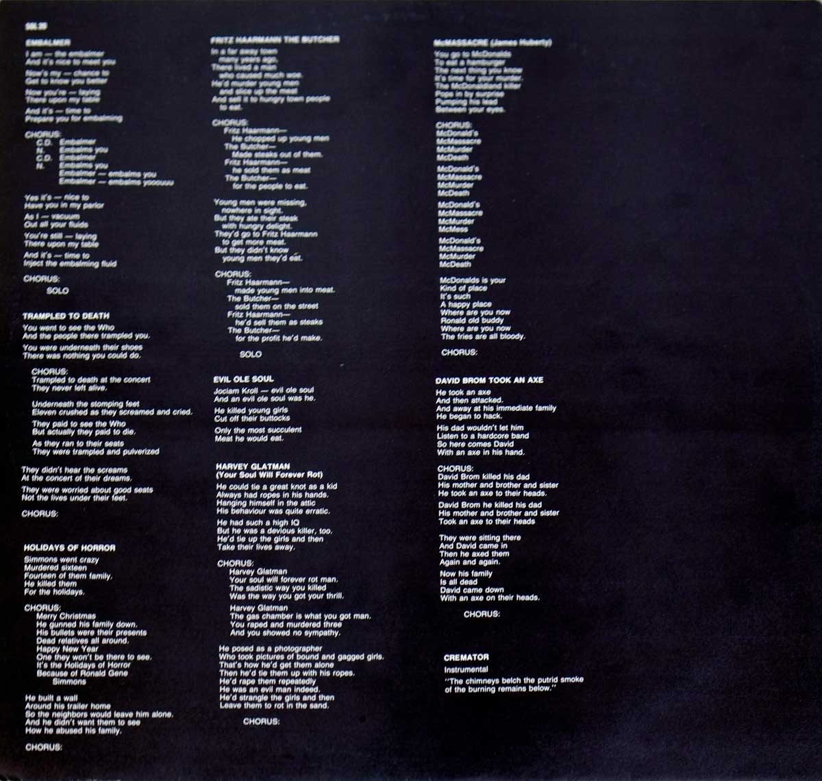 Lyrics printed on the custom inner sleeve of Macabre's Gloom    