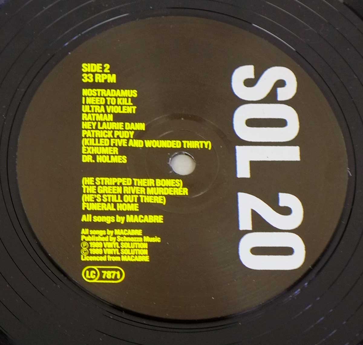 Close-up photo of the Black "Vinyl Solution" SOL 20 Record Label  