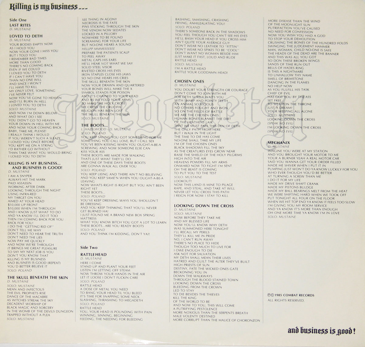 High Inner Cover   of "Killing is my Business ... ... and Business is Good" Album Resolution Photo Megadeth - Killing is my Business ... ... and Business is Good Vinyl Record