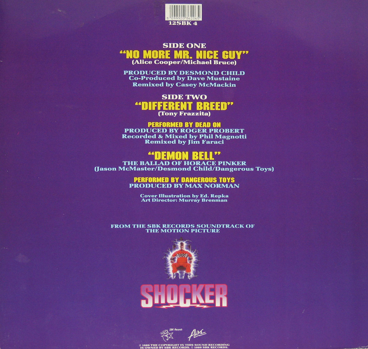 Megadeth - No More Mr. Nice Guy (USA) Vinyl Record Back Cover. Purple background with yellow and white text listing track details, production credits, and the 'Shocker' movie logo featuring an electric chair execution.