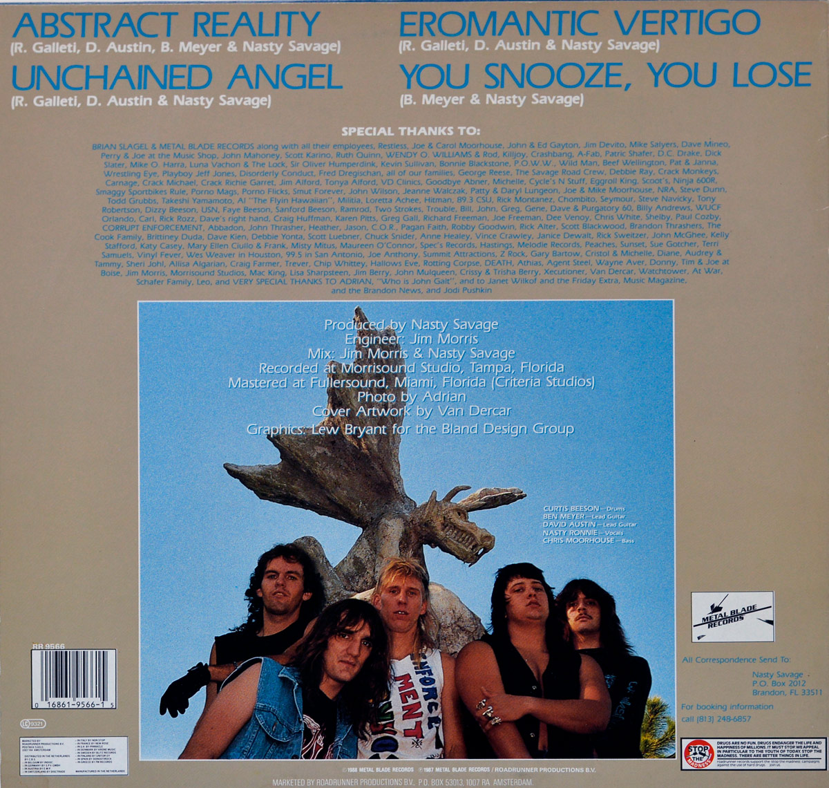 Back cover of 'Abstract Reality' by Nasty Savage. Features track listing in bold blue text, band credits, and a centered group photo of the band posing in front of a large dragon-like sculpture. Includes Metal Blade Records logo, barcode, and production details.