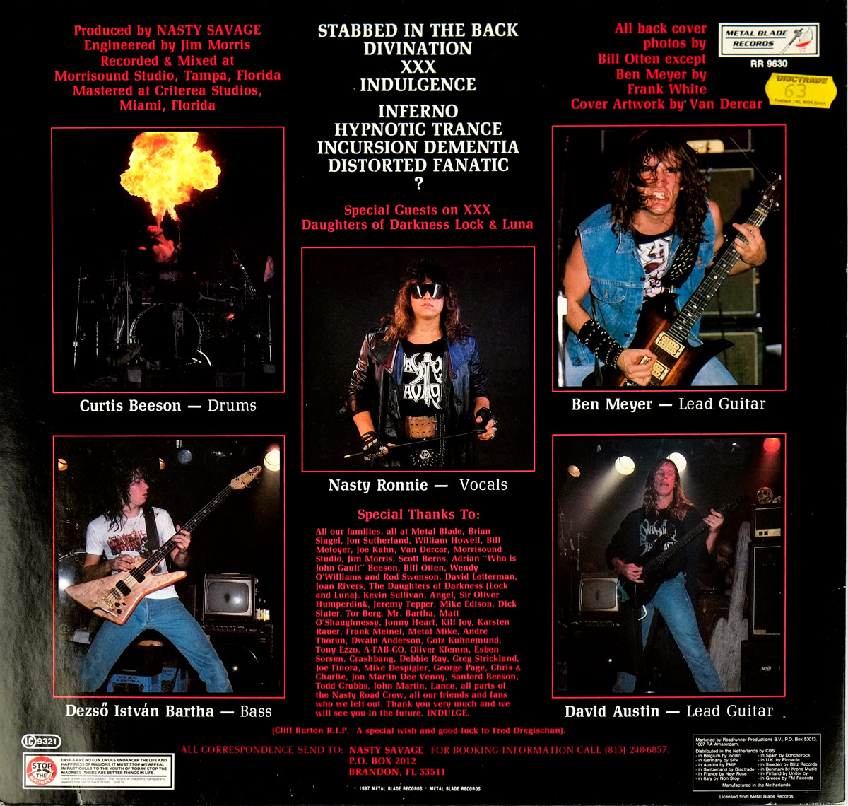 Back cover of NASTY SAVAGE - Indulgence. Features track listing, band photos, production credits, and a special thanks section with a fiery explosion image above the drummer.