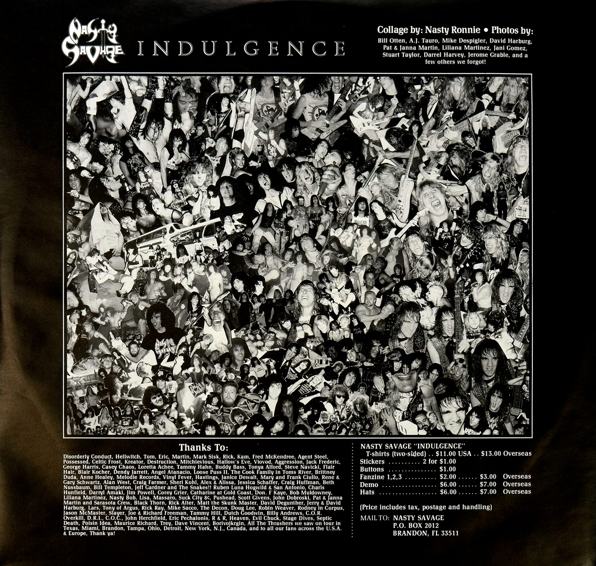 First inner sleeve of NASTY SAVAGE - Indulgence. Features a chaotic black-and-white fan collage, band acknowledgments, and merchandise order details.