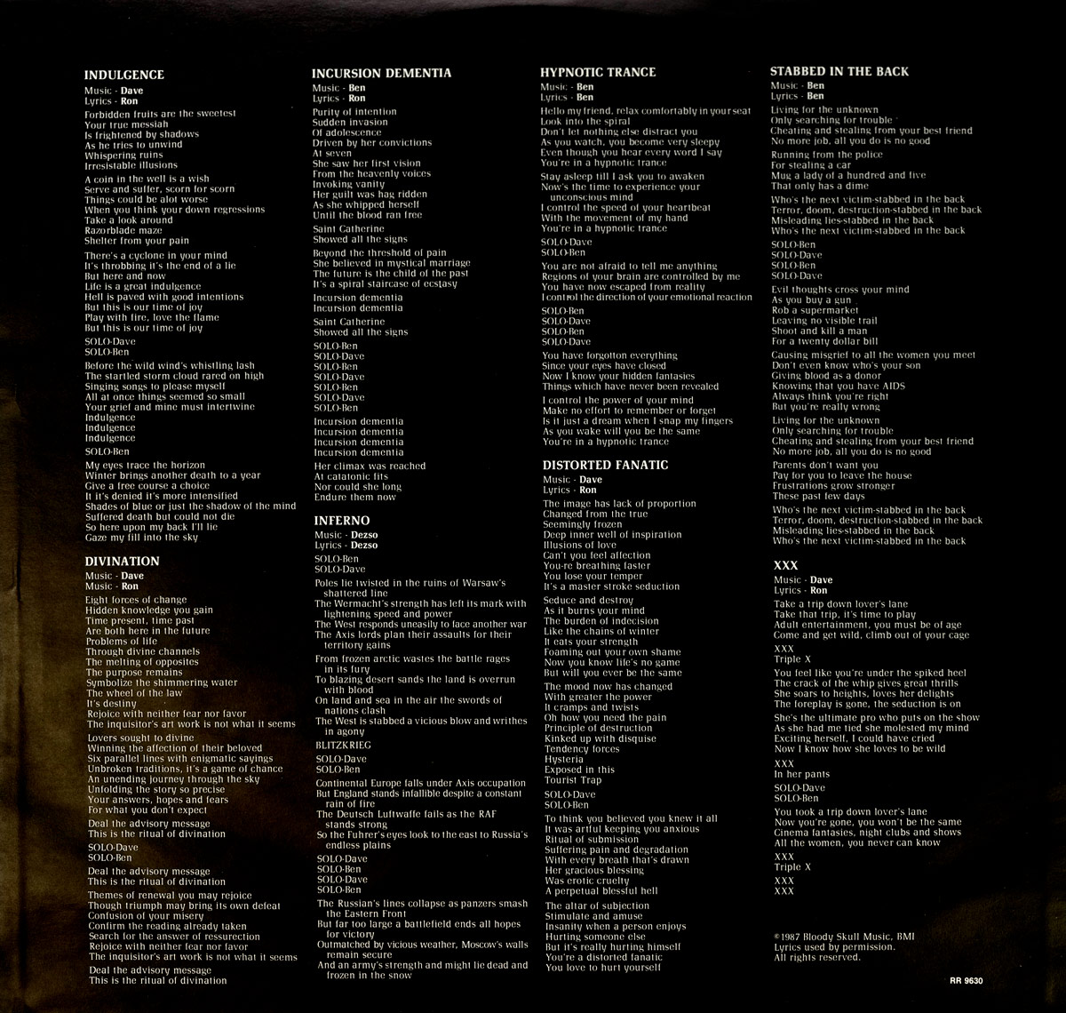 Second inner sleeve of NASTY SAVAGE - Indulgence. Features complete printed lyrics for all album tracks in white text on a dark background.