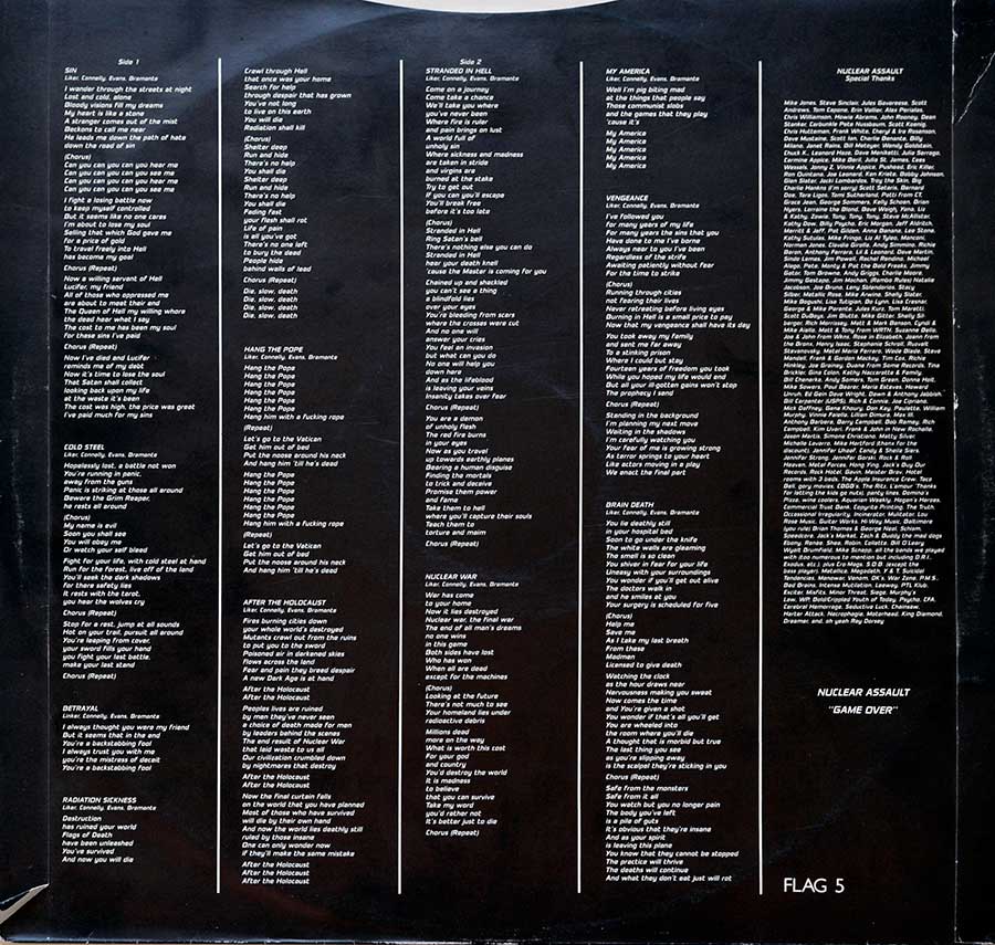 Photo Two of the original custom inner sleeve  NUCLEAR ASSAULT - Game Over ( England Pressing )