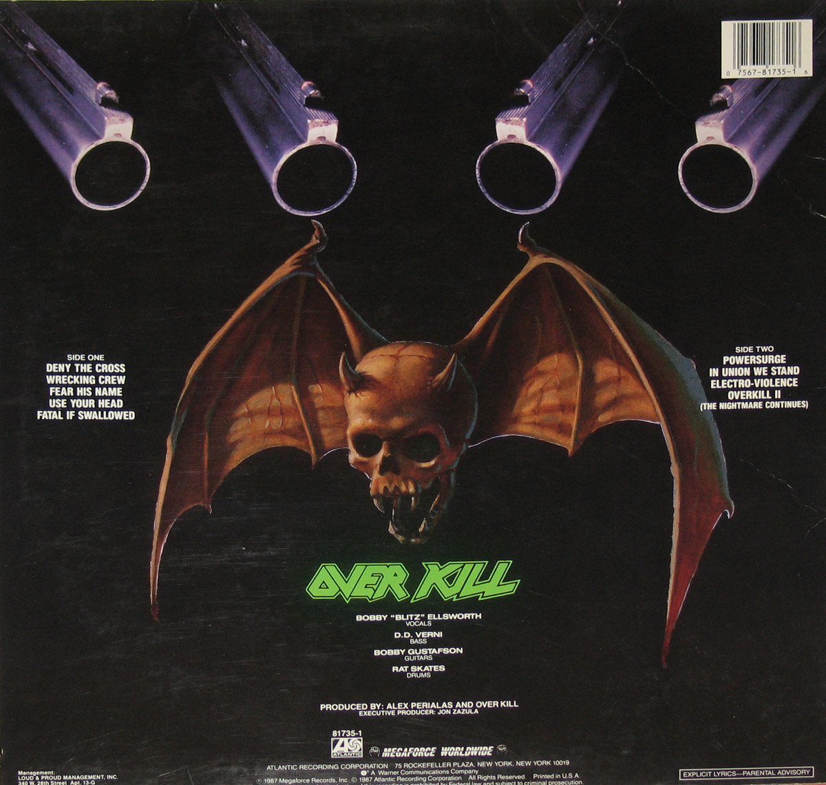OverKill Taking Over album back cover featuring four sawed-off shotgun barrels at the top, aimed directly at the viewer, creating an intense, menacing atmosphere. Below, a demonic skull with bat-like wings is centered against a dark background. The album's tracklist is split into Side One and Side Two, printed in white text on either side of the winged skull. The band's name 'OverKill' is prominently displayed in neon green in the lower half of the cover, along with the names of the band members and production credits. A parental advisory warning appears in the bottom right corner.