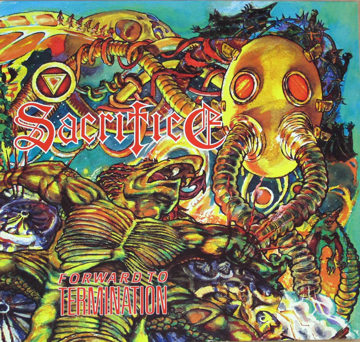 ‘alt text: Album cover of Sacrifice’s “Forward to Termination” featuring a chaotic, apocalyptic illustration with a golden gas mask, monstrous creatures, and a vibrant mix of red, green, yellow, and blue colors. The band’s name is displayed in a gothic red font at the top, and the album title is written in bold white lettering at the bottom.’