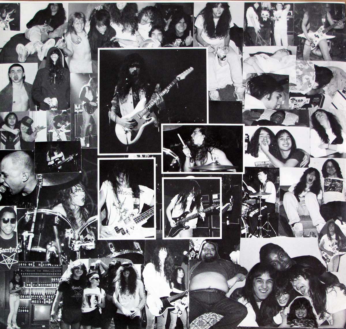 Black-and-white photo collage of the Canadian thrash metal band Sacrifice, featuring live performance shots of members playing guitar, bass, drums, and singing. Includes candid off-stage moments of the band relaxing, interacting with fans, and sharing humorous, casual scenes. A mix of energetic concert imagery and personal snapshots capturing the band’s 1980s thrash metal vibe. https://vinyl-records.nl https://vinyl-records.nl