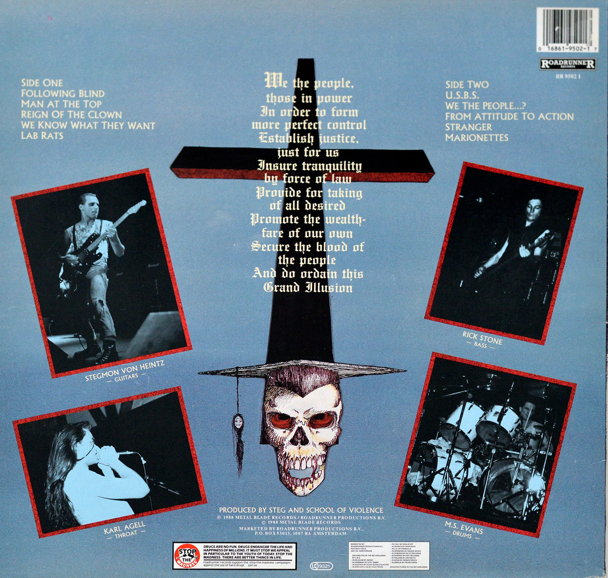 Back cover of School of Violence - We The People...? featuring a dark cross, a sinister skull wearing a graduation cap, an altered version of the U.S. Constitution preamble, and four band member photos framed in red.